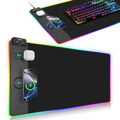 Wireless Charging Mouse Pad, RGB Gaming Mousepad, 31.5"x15.7" Extra Large Desk Pad, 13 Light Modes, Ultra-Smooth Surface, Non-Slip Base, Waterproof Computer Keyboard Mat for MacBook, PC, Laptop, Black - color: Black