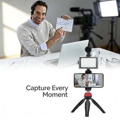 Portable Mobile Phone Photography Kit with Fill Light Microphone Tripod Red - Compact Vlogging Microphone Kit, Recording Equipment for Content Creator and Live Streaming (Red)