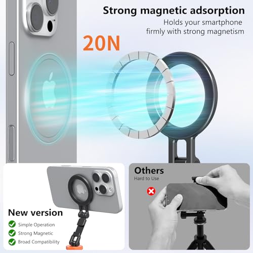 VRIG MG-28 Magnetic Phone Tripod Mount for Magsafe, Aluminum iPhone Tripod Mount Adapter with 1/4” Screw, 360° Cold Shoe Phone Holder for Camera, Compatible with iPhone 17/16/15/14/13/12 Series - size: MG-28