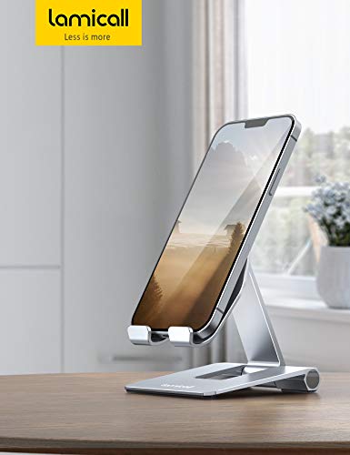 Lamicall Aluminum Metal Adjustable Cell Phone Stand Desk - Heavy Duty Foldable Desktop Phone Holder, for iPhone 17 16 15 14, Plus, Pro, Pro Max, 13 12 Plus, Galaxy S26 25, 4-11'' Sliver