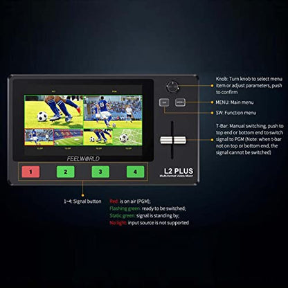 Feelworld L2 Plus 5.5" LCD Multi-Camera Video Mixer Switcher with Touch Screen PTZ Control Chroma Key USB3.0 for Live Streaming