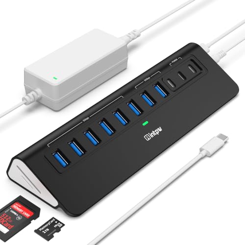 Powered USB Hub 10Gbps, Intpw YH9AC Plus 13-Port USB 3.2 Hub(USB A/USB C 3.2+6 USB-A 3.0+2 PD 45W Fast Charging Ports+SD/TF Card Reader), 65W Power Adapter,Aluminum USB HUB for PC,Laptop,iPhone 17/16 - color: Black, size: 9 Data+2 PD Charging Ports +SD&TF