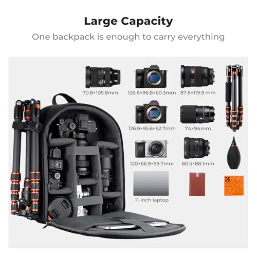 K&F CONCEPT Lightweight Camera Backpack Bag, Professional Photography Bag Compatible with Canon/Nikon/Sony Camera and Lens Accessories, Camera Case with Tripod Strap & Rain Cover - color: 01-Light Black