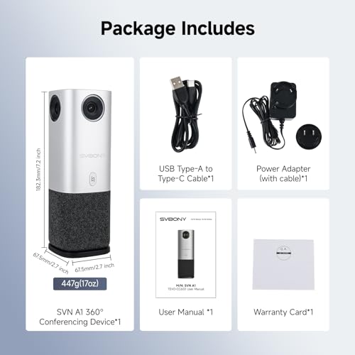 SVBONY A1 AI-Powered 360°Conference Camera,Speaker Tracking & Auto Framing, 1080P Video,AI Noise Cancellation, 16.5ft Microphone Pickup Meeting Room Camera,Compatible with Zoom,Teams & Google Meet