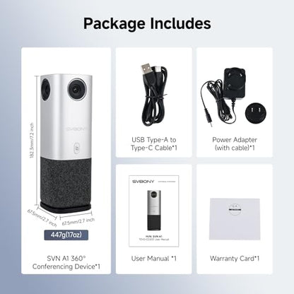 SVBONY A1 AI-Powered 360°Conference Camera,Speaker Tracking & Auto Framing, 1080P Video,AI Noise Cancellation, 16.5ft Microphone Pickup Meeting Room Camera,Compatible with Zoom,Teams & Google Meet