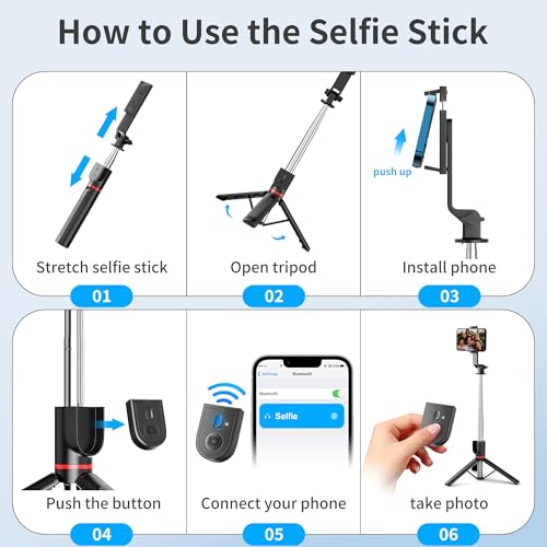 Selfie Stick for iPhone, 360°Rotating Tripod for Phone with Detachable Remote, Portable Phone Tripod Stand for Video Recording, Compact & Lightweight