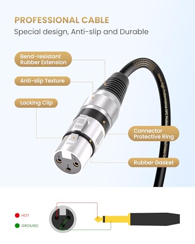 Tisino Female XLR to 1/4 (6.35mm) TS Mono Jack Unbalanced Microphone Cable Mic Cord for Dynamic Microphone - 6.6 FT/2 Meters - size: 6.6 feet