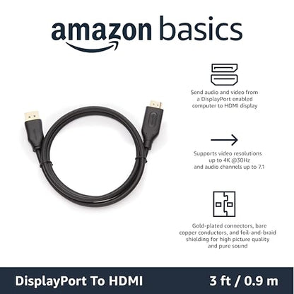 Amazon Basics DisplayPort to HDMI Cable, Uni-Directional, Gold-Plated, Video and Audio, 3 Foot, Black - size: 3 Feet, style: 1-Pack