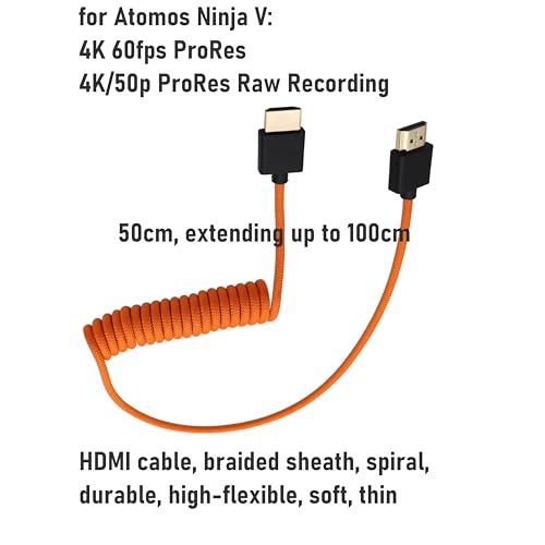 HDMI Cable 8K30 4K60 for Ninja V Shinobi Inferno, Canon R5 mk2, Lumix GH5II S1R, Nikon Z9 Z8 Z6III, Sony A7R5 A7SIII FX3, Portkeys FEELWORLD SmallHD, Orange Braided Coiled 50cm - size: Straight HDMI