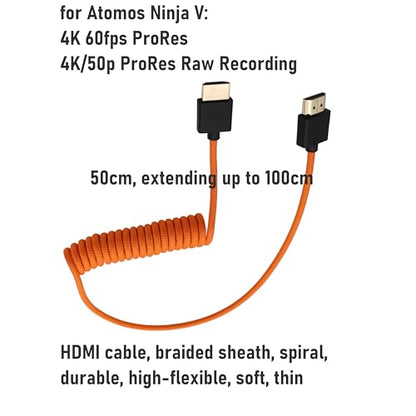 HDMI Cable 8K30 4K60 for Ninja V Shinobi Inferno, Canon R5 mk2, Lumix GH5II S1R, Nikon Z9 Z8 Z6III, Sony A7R5 A7SIII FX3, Portkeys FEELWORLD SmallHD, Orange Braided Coiled 50cm - size: Straight HDMI