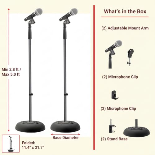 Pyle Universal Microphone Stand - Handheld Mic Compatible, Heavy Compact Base, Lightweight & Compact Design, 2.8 to 5 Ft Height Adjustable Clamp, Pivot Angle Clip, Home/Studio Use (Pair) - style: 2 Pack