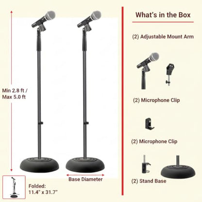 Pyle Universal Microphone Stand - Handheld Mic Compatible, Heavy Compact Base, Lightweight & Compact Design, 2.8 to 5 Ft Height Adjustable Clamp, Pivot Angle Clip, Home/Studio Use (Pair) - style: 2 Pack