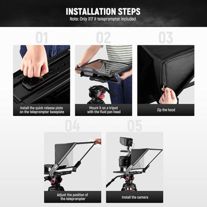 NEEWER Teleprompter X17 II with RT113 Remote/APP Control, 17" HD Beamsplitter All Metal Frame Upgraded Camera Mount QR Plate Compatible with Manfrotto 501PL iPad iPhone, Max Load 44.1Ib, Assembly Free - style: X17 II