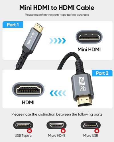 Mini HDMI to HDMI Cable 6FT, High Speed HDMI to Mini HDMI Cable for Portable Monitor 4K@60Hz HDMI Mini 2.0 Cord 2K,1080P, HDR Compatible with Camera, Camcorder, Laptop, HDTV, Graphics