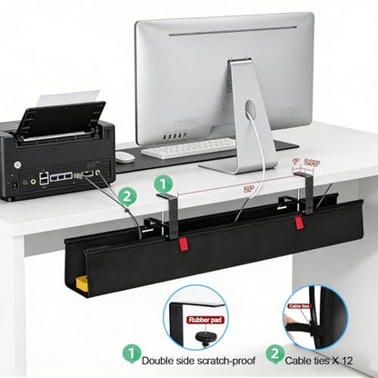 Under Desk Cable Management Tray, 36" Cord Organizer for Table, Clamp/Screw Mount Desk Cable Management, Premium Fabric Cable Management Tray for Office, Home