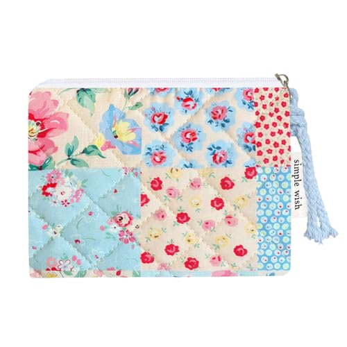 Cotton Quilted Floral Coin Purse Digital Camera Pouch with Cute Prints Zipper for Women Girls (PESTEL PATCH) - color: PESTEL PATCH