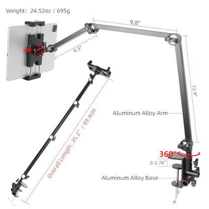Tablet Stand Holder for Desk and Bed, Adjustable Aluminum Foldable Arm iPad Mount Clamp on Table Compatible with iPad Air Mini, Galaxy Tabs, 4.7-12.9" Tablets and Phones - size: N6L