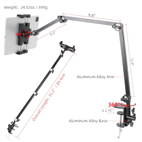 Tablet Stand Holder for Desk and Bed, Adjustable Aluminum Foldable Arm iPad Mount Clamp on Table Compatible with iPad Air Mini, Galaxy Tabs, 4.7-12.9" Tablets and Phones - size: N6L