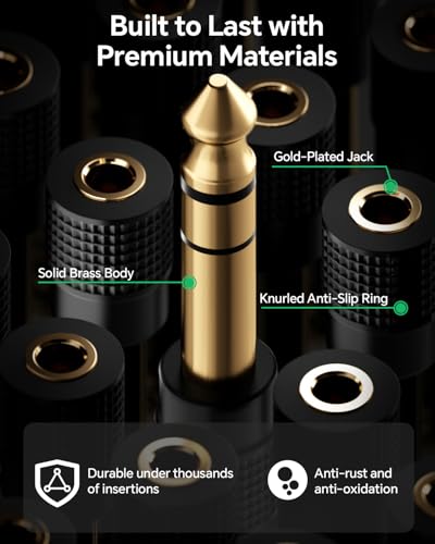 VCELINK 6.35mm 1/4 Male to 3.5mm 1/8 Female Audio Adapter, Gold-Plated TRS Stereo Jack, Solid Brass Housing, for Headphones, Guitar, Mixer, Amp, Keyboard, 2 Pack