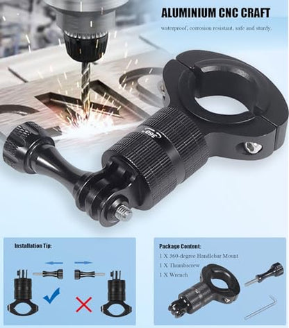 Niewalda Aluminum Bike/Motorcycle Handlebar Mount for GoPro, AKASO Campark and Other Action Cameras, 360 Degrees Rotary Motorcycle Camera Mount Upgrade - size: 360 degree rotating Handlebar Mount