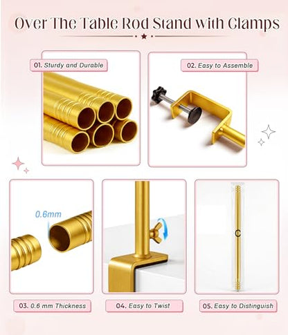 MEILIDY Over The Table Rod Stand with Clamps for Balloon Backdrop, Gold | Adjustable 33.5-106 Inch Length 36.6-48 Inch Height, Fits for Party Wedding Birthday Anniversary - color: Gold