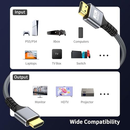 8k Hdmi Cable 6.6ft Ultra High Speed HDMI 2.1 Cable 8K@60HZ 4K@120HZ 48Gbps HDMI Cord for HDTV,PS4,PS5,Monitor Laptop,Xbox,HDCP 2.2&2.3 Support HDR,eARC,Dolby.(Silvery) - size: 6.6FT