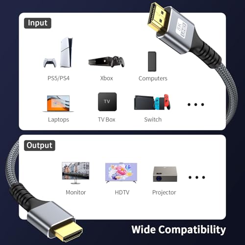 8k Hdmi Cable 10ft Ultra High Speed HDMI 2.1 Cable 8K@60HZ 4K@120HZ 48Gbps HDMI Cord for HDTV,PS4,PS5,Monitor Laptop,Xbox,HDCP 2.2&2.3 Support HDR,eARC,Dolby.(Silvery) - size: 10FT