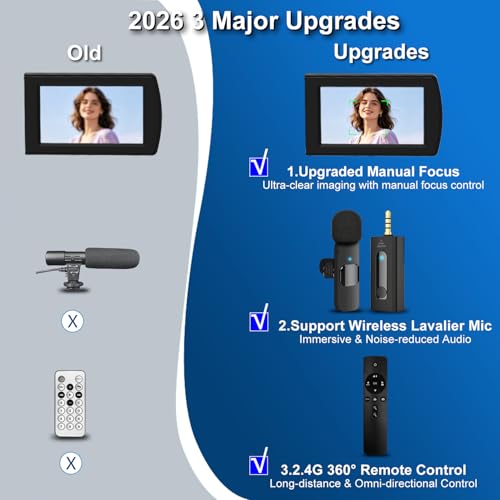 【Manual Focus】 2026 New 4K 60FPS Digital Camcorder, Video Camera with Touch Screen, 2.4G Remote Control, External Lavalier Microphone, Octopus Tripod, 32G TF Card & 2 Batteries for Vlogging