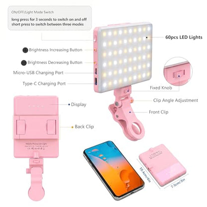 Selfie Light, Phone Light with Front & Back Clip, 60 LED Portable Light with 3 Modes, 5000mAh Rechargeable Video Light for Phone, iPhone, IPad, Laptop, TikTok, Makeup, Lighting Monolights(Pink) - color: Pink