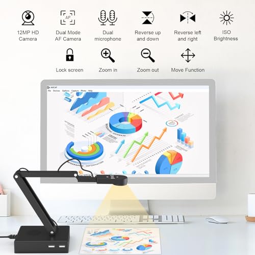 Document Camera for Classroom, USB Camera for Teacher, 12MP & 9X Zoom-in, Move lmage, Mic and Speaker, Mirroring, LED Light, 2 Port HUB, for Remote Learning, Painting, Live Demo (with Remote)