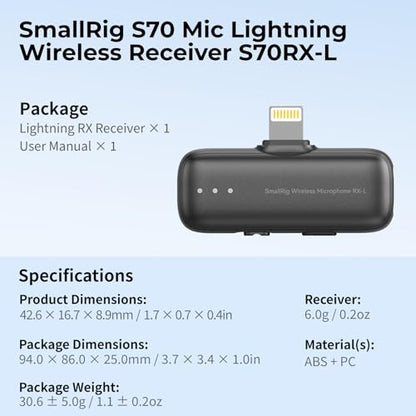 SMALLRIG S70 Mic Lightning Wireless Receiver S70RX-L for iPhone/for iPad, Professionally Tuned by Grammy Winner for Broadcast-Quality Sound in Vlogging, Live Streaming & Content Creation (Black) - color: Black