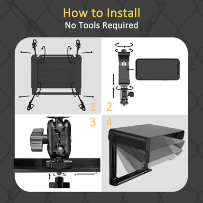 Cell Phone Fence Mount with Shade, Phones Holder Mounting Kit for iPhone, Mevo Start and Other Action Cameras, for Recording Baseball, Hockey, Softball and Tennis Games (Black)