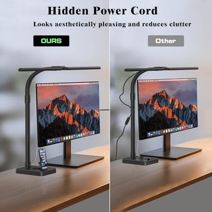 GAEFURY LED Desk Lamp for Home Office, 24W Bright Desk Lamp with Phone Holder Base - 25 Lighting Modes Eye-Caring Desk Light Adjustable Gooseneck Lamp for Workbench Drafting Reading Study - color: Black