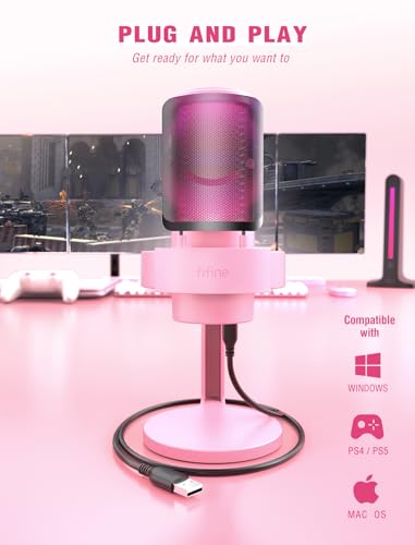 FIFINE USB Streaming Gaming Microphone, PC Condenser Desktop Mic for Video, Home use, YouTube, with RGB Control, Gain Knob, 3.5mm Headphone Jack, Shock Mount, on Computer/PS5-AmpliGame A8 Pink - size: A8P-Desktop