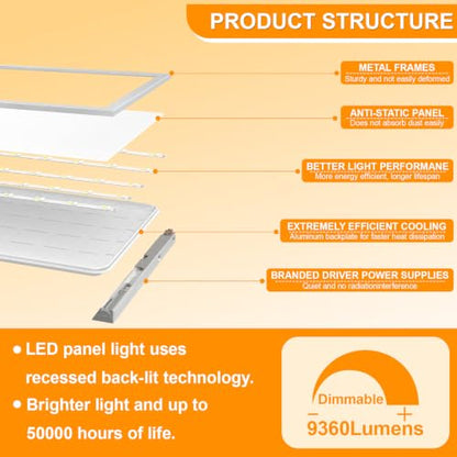 4 Pack 1x4 LED Flat Panel Light Drop Ceiling Office Fixture 5 CCT 3000K-6500K Adjustable & 5 Wattage 15W-20W-30W-40W-50W Selectable, 0-10V Dimmable，Flush Mount Ceiling Light - size: 1x4 4PACKS