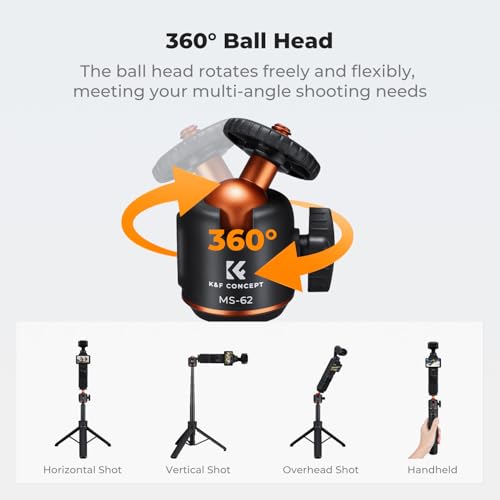 K&F CONCEPT MS62 25.6'' Mini Selfie Stick Tripod Stand | 5 Levels 360° Ball Head, Cold Shoe, Compatible with DJI Osmo Pocket 4/3 Action5 GoPro Hero13 Insta360 Luna Ultra