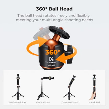 K&F CONCEPT MS62 25.6'' Mini Selfie Stick Tripod Stand | 5 Levels 360° Ball Head, Cold Shoe, Compatible with DJI Osmo Pocket 4/3 Action5 GoPro Hero13 Insta360 Luna Ultra