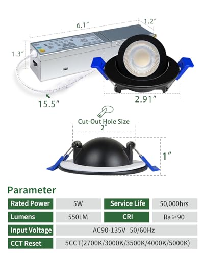 zouzai 2 Inch Gimbal LED Recessed Lights, Black, 1 Pack, with Junction Box, 360°+ 90° Adjustable, 5CCT 2700K-5000K, Dimmable, Canless Eyeball Downlight, CRI90+, 550LM 5W 120V, ETL - color: Black-2 inch, size: 1 Pack
