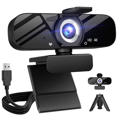 Tewiky Full HD Webcam with Built-in Microphone and Rotatable Tripod, 4K Video and Wide Angle Camera, Privacy Cover, for Desktop PC or Laptop Computer - style: 4K Webcam with USB Cable
