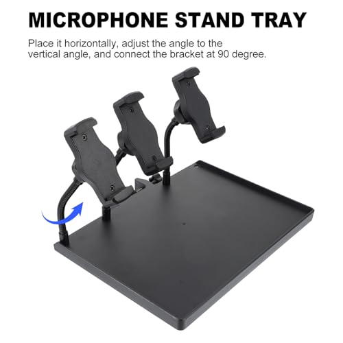 Healifty Clamp-on Microphone Stand Tray with Sound Card Bracket and Triple Phone Holder, Large 24×17.5cm Utility Shelf for Recording Studio and Live Streaming