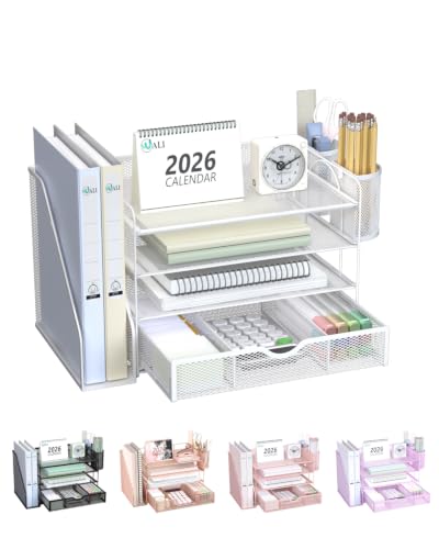 WALI Desk File Organizer, 4 Tier Desktop Paper Letter Tray Organizer with Drawer and 2 Pen Holders, Office Desk Accessories & Workspace Organizers for Office, Home Supplies(DO005DH-W), 1 Pack, White - color: White, size: 4-Tier