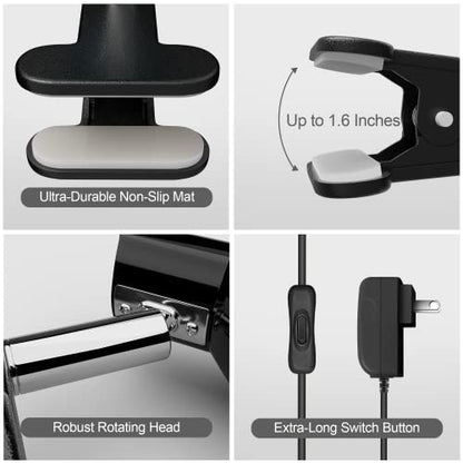 deeloop Clip on Light 5W Ultra Bright 330° Rotation Book Reading Clip on Lamp for Bed/Bedside Headboard/Table/Bunk/Desk Lighting Black - color: Black
