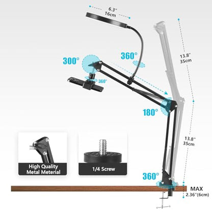 6" LED Ring Light for Desk, Overhead Camera Mount with Ring Light and Phone Holder, Overhead Phone Mount Arm Stand Studio Lights for Photography, Video Recording, Live Stream