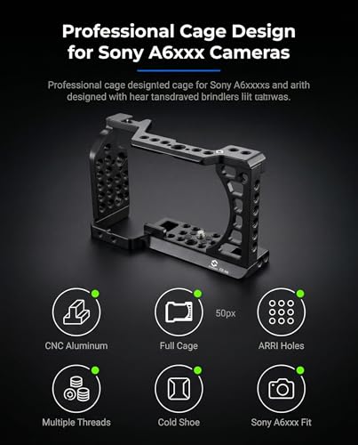 Full Camera Cage for Sony A6400, A6100, A6300, A6500, A6600, CNC Aluminum Camera Rig Cage with 1/4"-20 & 3/8"-16 Mounting Points, ARRI Locating Holes, Cold Shoe