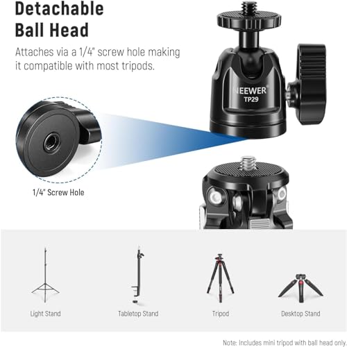 NEEWER Mini Metal Table Tripod with 360° Ball Head, Supports Vertical Recording and Handle, Portable Travel Tripod with 1/4 Inch Screw for Camera Mobile Phone Action Cam, Max. Load 3 kg, TP29 - style: TP29