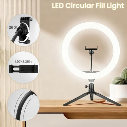 HomeBeyond 10" Selfie Ring Light with Tripod & Phone Holder – Dimmable LED Circle Light for Live Streaming, Makeup, YouTube & TikTok, Compatible with iOS/Android Phones, Black
