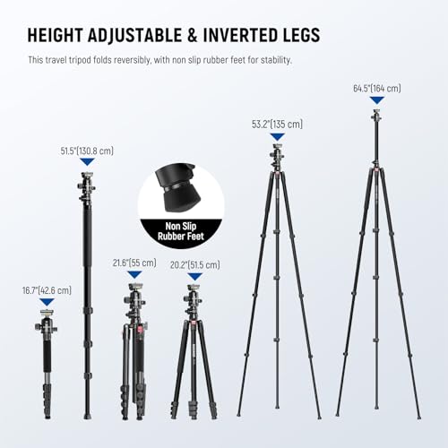 NEEWER Basics 64.5" Horizontal Overhead Tripod with Ball Head/Cell Phone Holder Compatible with iPhone Video Recording, Aluminum Travel Stand Camera Monopod, 360° Pan 180° Tilt 22lb/10kg Load, TP66