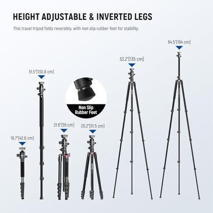 NEEWER Basics 64.5" Horizontal Overhead Tripod with Ball Head/Cell Phone Holder Compatible with iPhone Video Recording, Aluminum Travel Stand Camera Monopod, 360° Pan 180° Tilt 22lb/10kg Load, TP66
