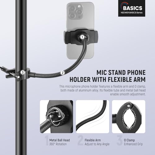NEEWER BASICS Mic Stand Phone Holder with Flexible Arm, 360° Ball Head Boom Arm Microphone Floor Music Stand Cell Phone Mount Compatible with iPhone Android Samsung Video Recording, MS009