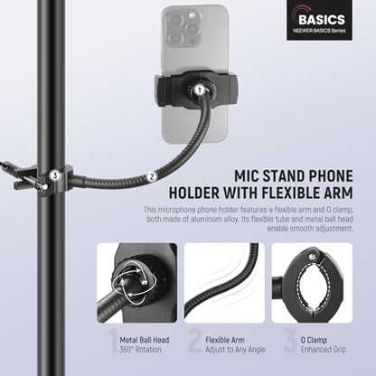NEEWER BASICS Mic Stand Phone Holder with Flexible Arm, 360° Ball Head Boom Arm Microphone Floor Music Stand Cell Phone Mount Compatible with iPhone Android Samsung Video Recording, MS009